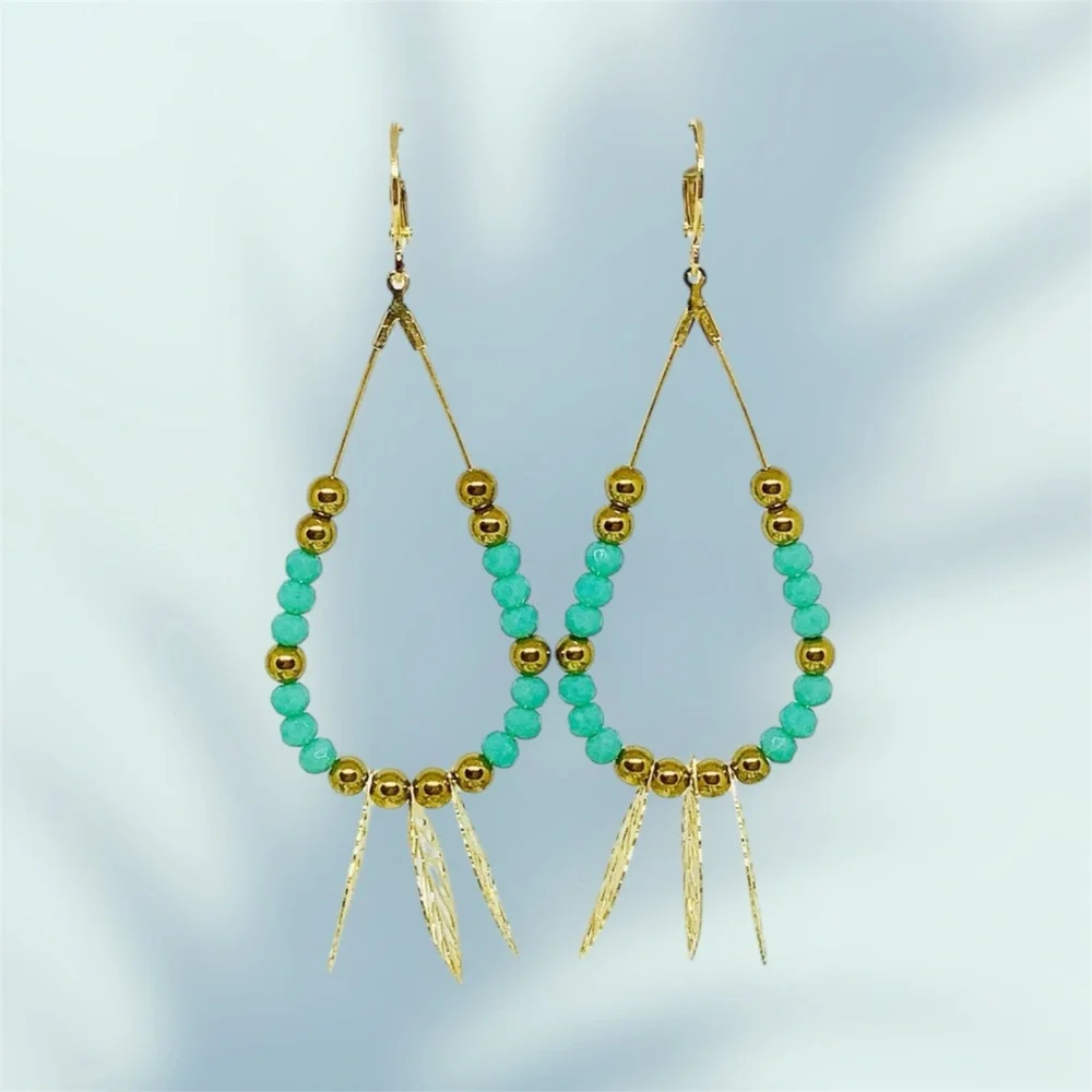 BOUTIQUE Gold and Turquoise Beaded Hoop Earrings, Classy, Dainty, Summer Dangles - Picture 7 of 9